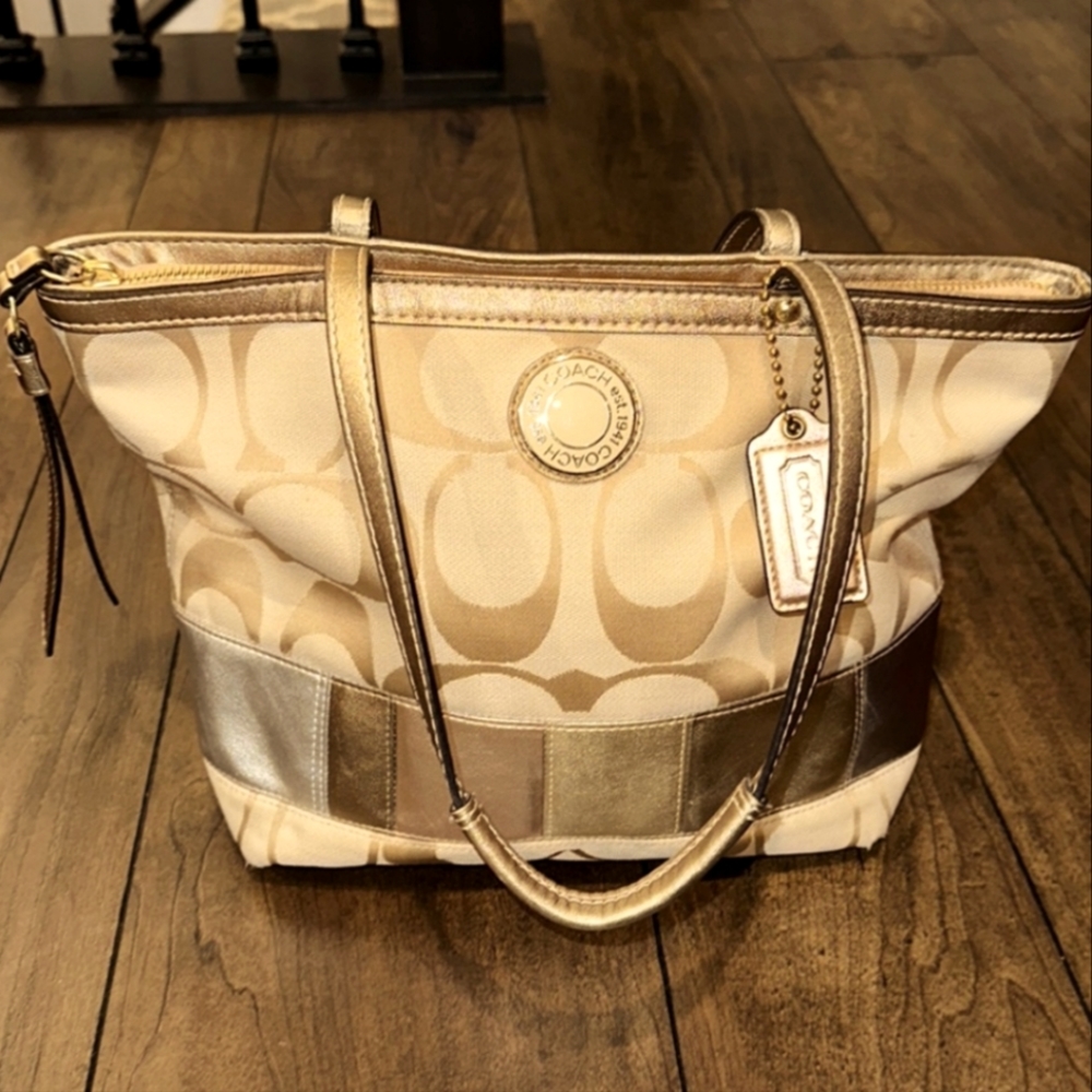 Coach tan and gold handbag